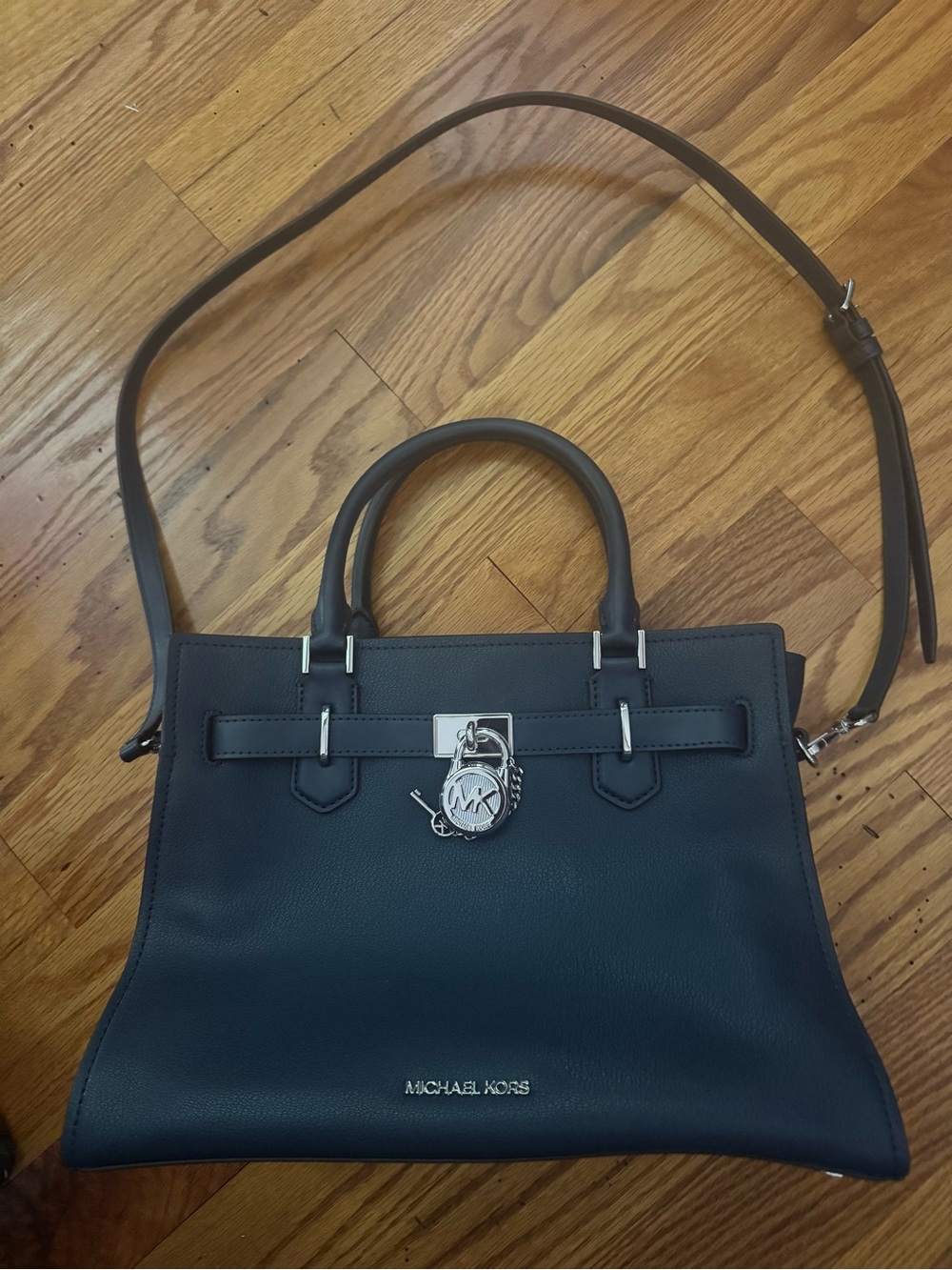 Michael Kors Navy Leather Satchel with Silver Hardware